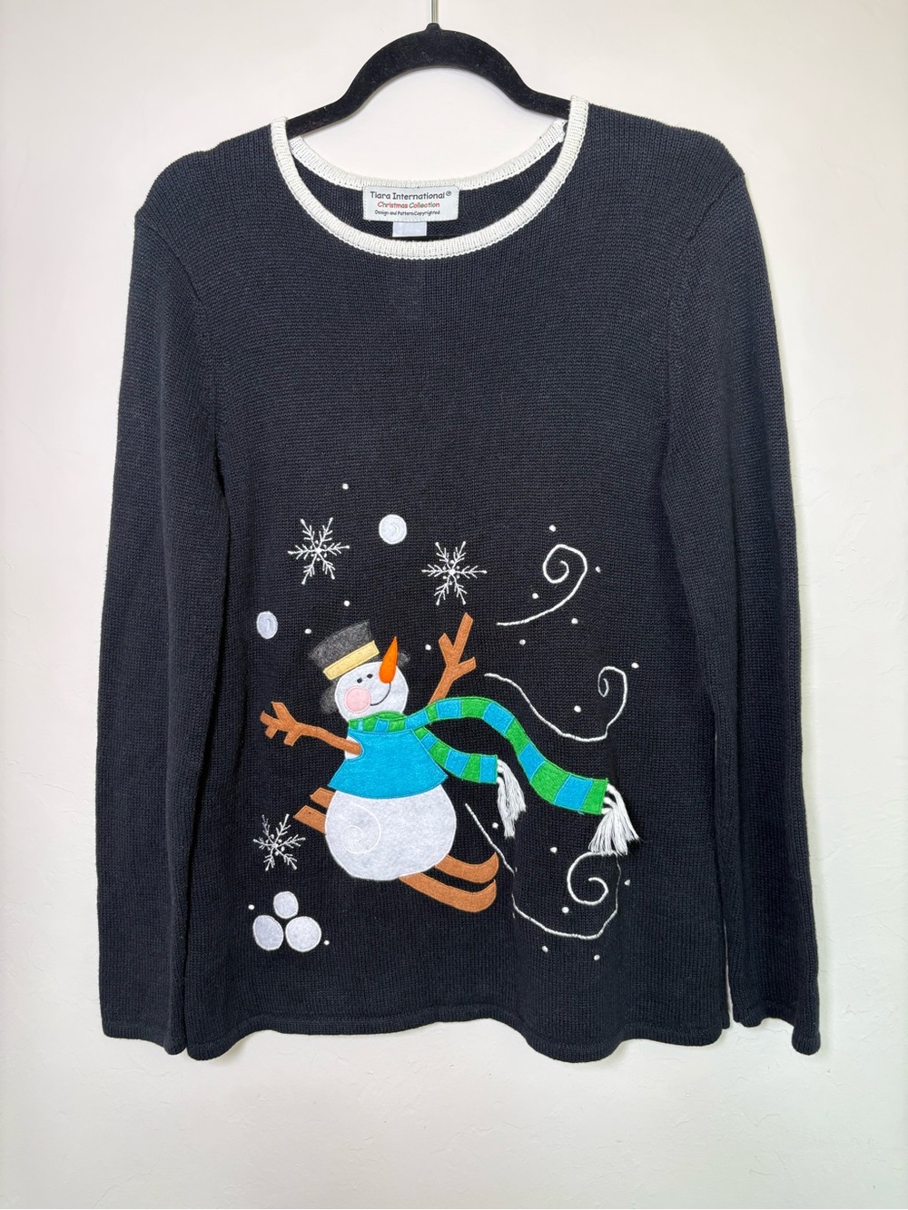 Vintage Tiara International Snowman Skiing Ugly Christmas Sweater Black Small